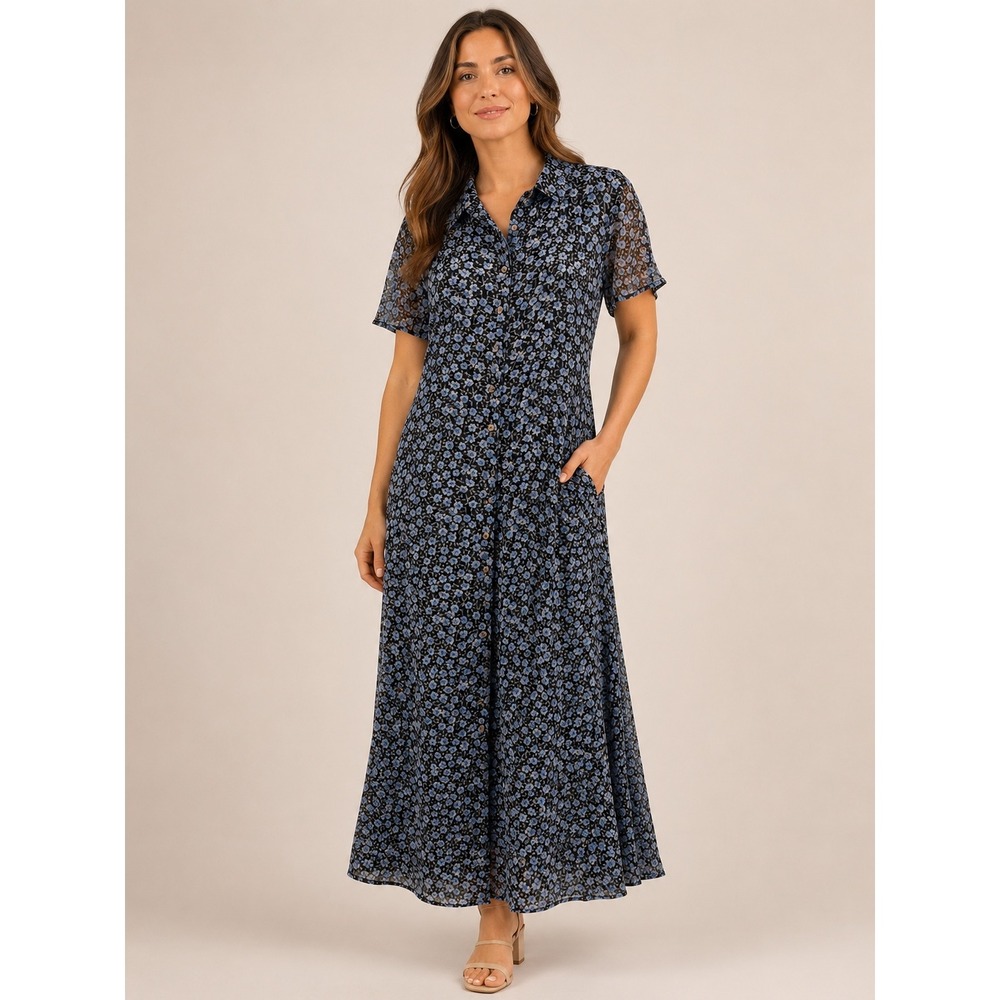 Robbie Bee Silk Maxi Dress Womens 6 Black Blue Floral Vintage 90s Grunge
